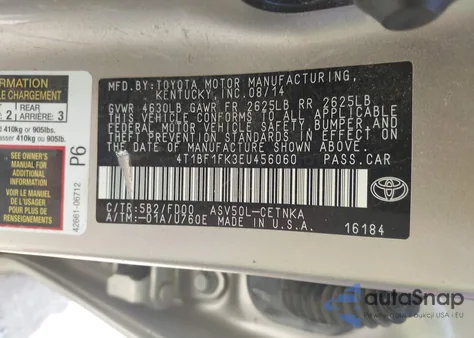 2014 Toyota Camry Le z USA, uszkodzony, nr VIN 4T1BF1FK3EU456060